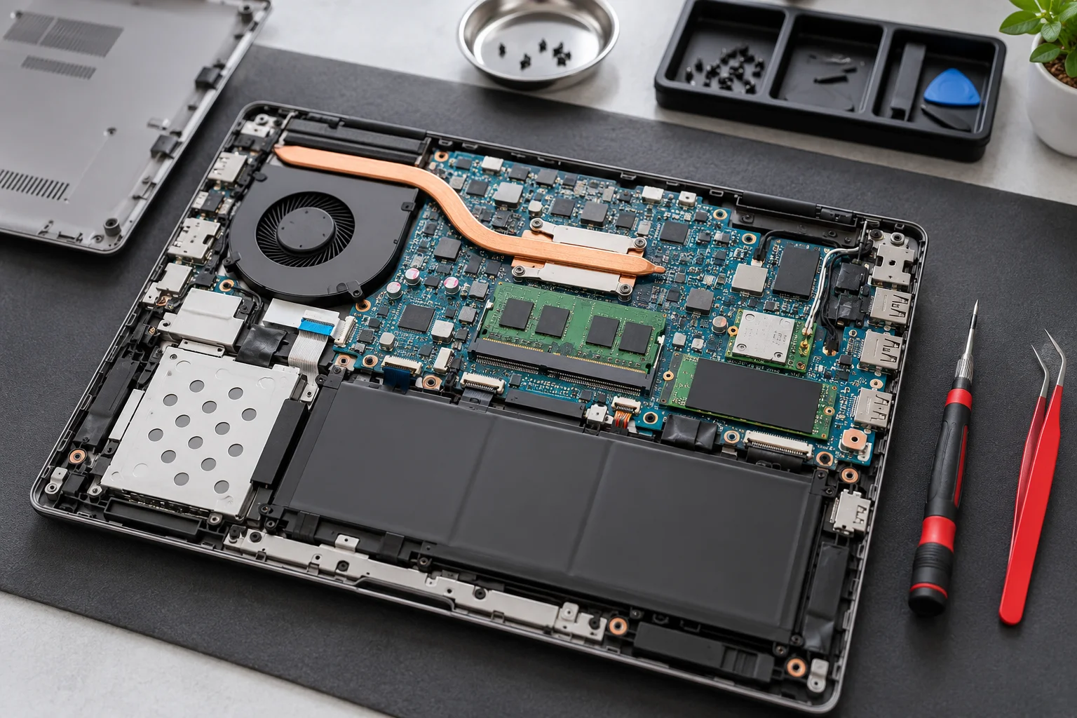 Laptop-Mainboard und Reparaturwerkzeug